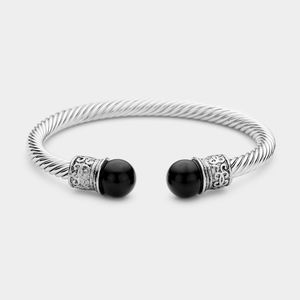 Black Pearl Tip Twisted Cable Rope Style Cuff Bracelet Bangle Metal Accessory